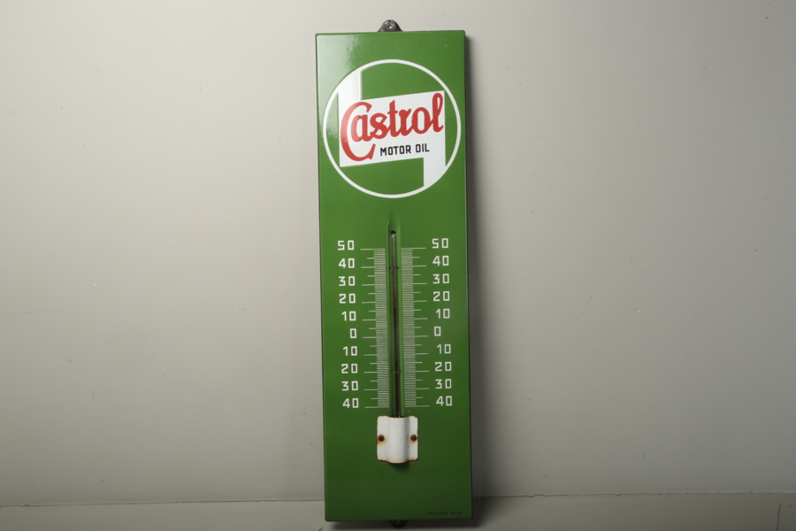 Emaljskylt, Castrol Motor Oil, med termometer