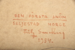 Fritiof Strandberg olja på pannå "Den första snön, Seljestad Norge" signerad 1954