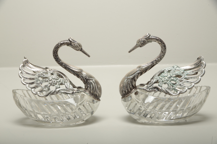 Saltkar "Svan" 1 par, silver och glas, 1900-tal