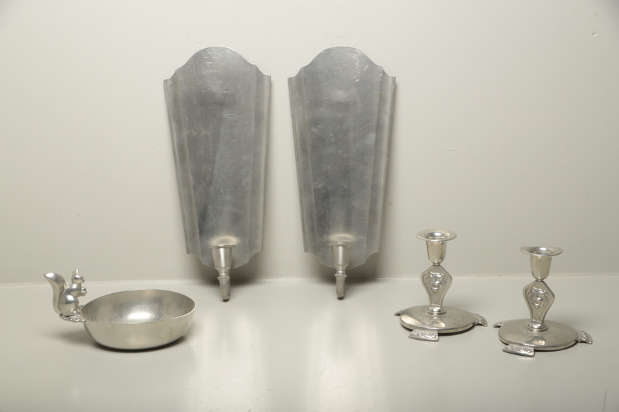 GAB tenn, vägglampetter 1 par + skål & ljusstakar tenn