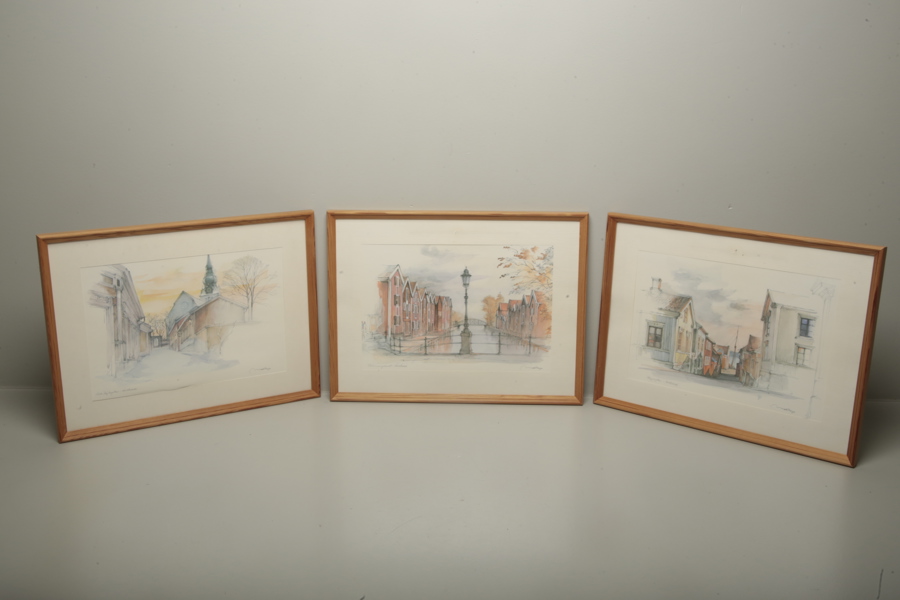 Mads Stage akvareller "Hudiksvallsmotiv" 3 stycken, signerade