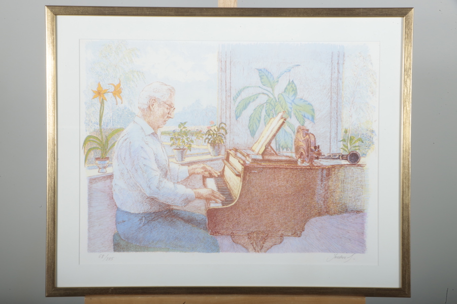 Jerker Andersson färglitografi "William Lind vid flygeln" signerad