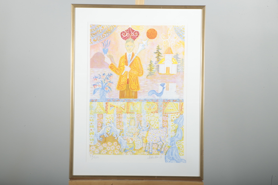 Mårten Andersson färglitografi "Mannen med det brinnande hjärtat" signerad