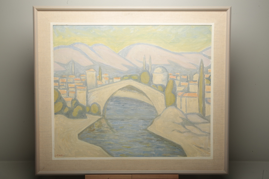 Emil Clahr olja på pannå "Bron vid Mostar, Jugoslavien" signerad