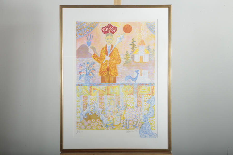 Mårten Andersson, "Mannen med det brinnande hjärtat" Färglitografi, Signerad