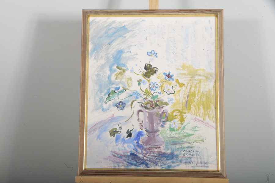 Gagga Grundeus, Olja på pannå, "Stilleben" Signerad-74