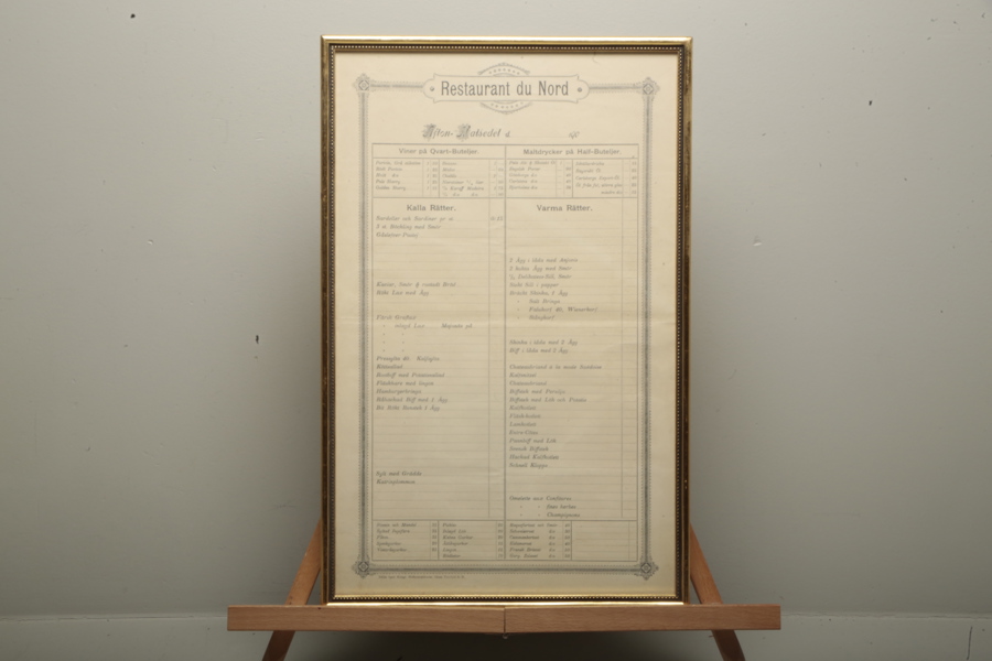 'Restaurant du Nord' Matsedel, 1900-talets första hälft