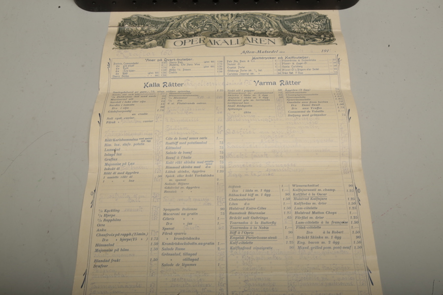 Operakällaren, lösa matsedlar 9st, 1900-talets första hälft
