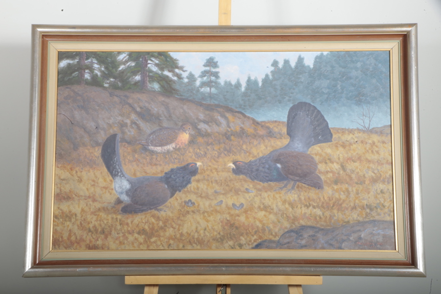 Otto Lindberg, Olja på duk, "Tjäder spel" Signerad 1943