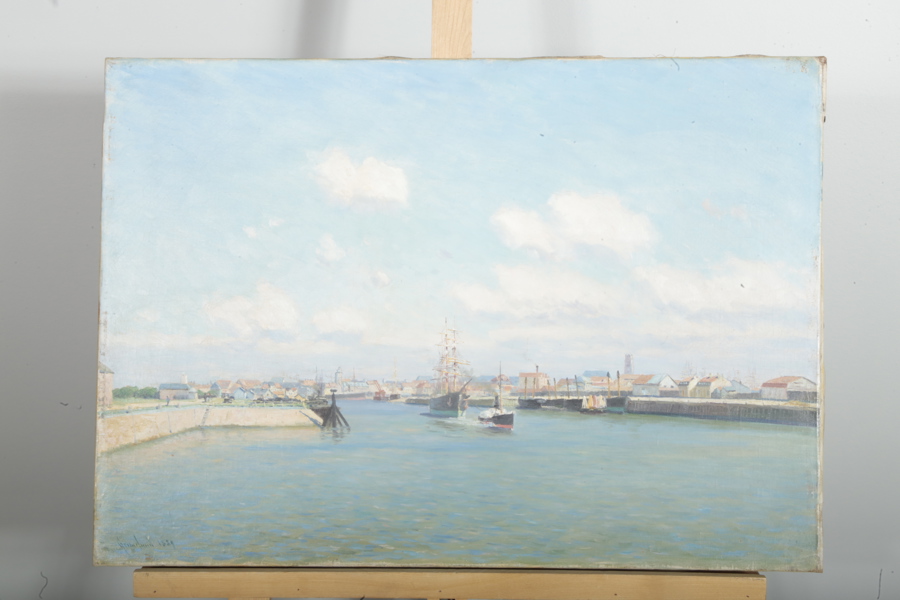 Olja på duk "Hamnmotiv" otydlig signatur, 1889