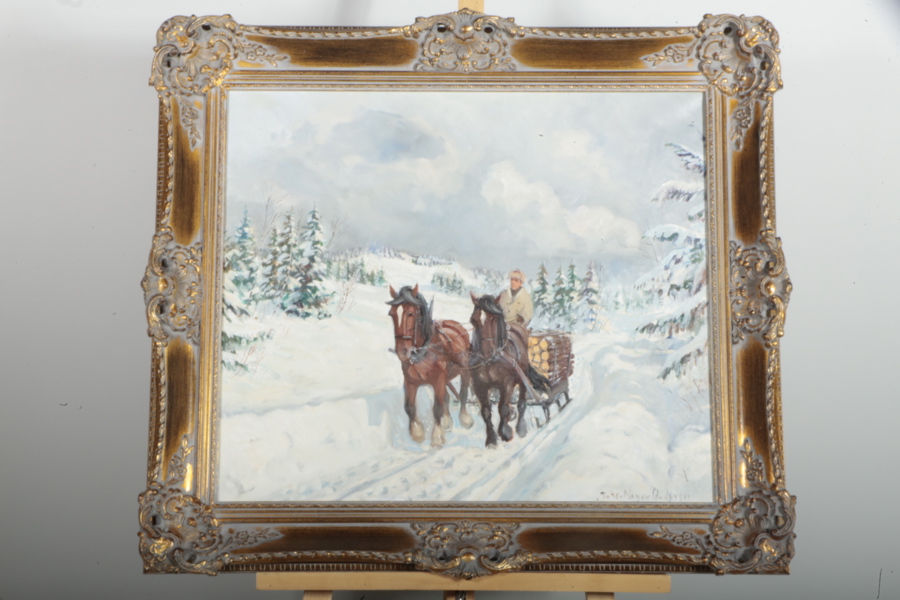 Johs. Meyer Andersen olja på duk "Timmersläde" signerad