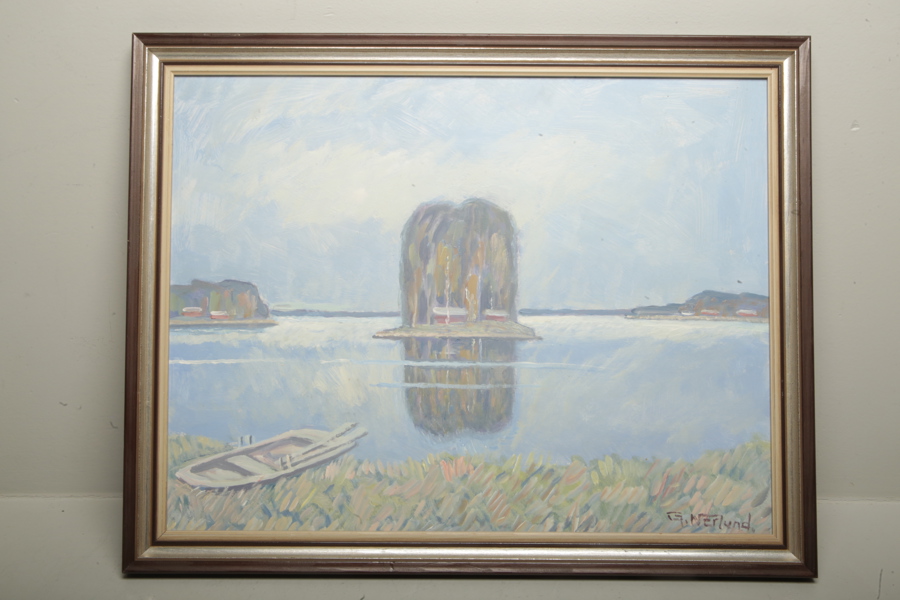 G. Nerlund olja på pannå "Leken" signerad