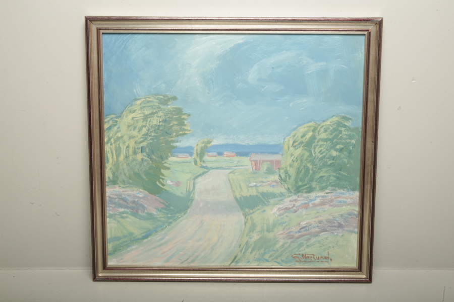 G. Nerlund olja på pannå "Byväg" signerad