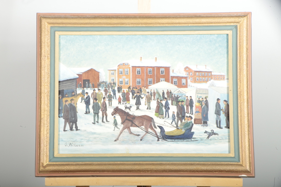 Olov Nilsson, olja på pannå, "Knåda marknad", Signerad 