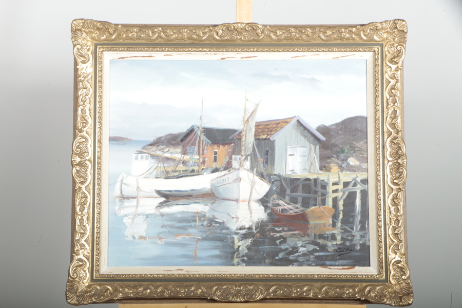 Olja på duk "Fiskeläge", okänd konstnär, signerad 