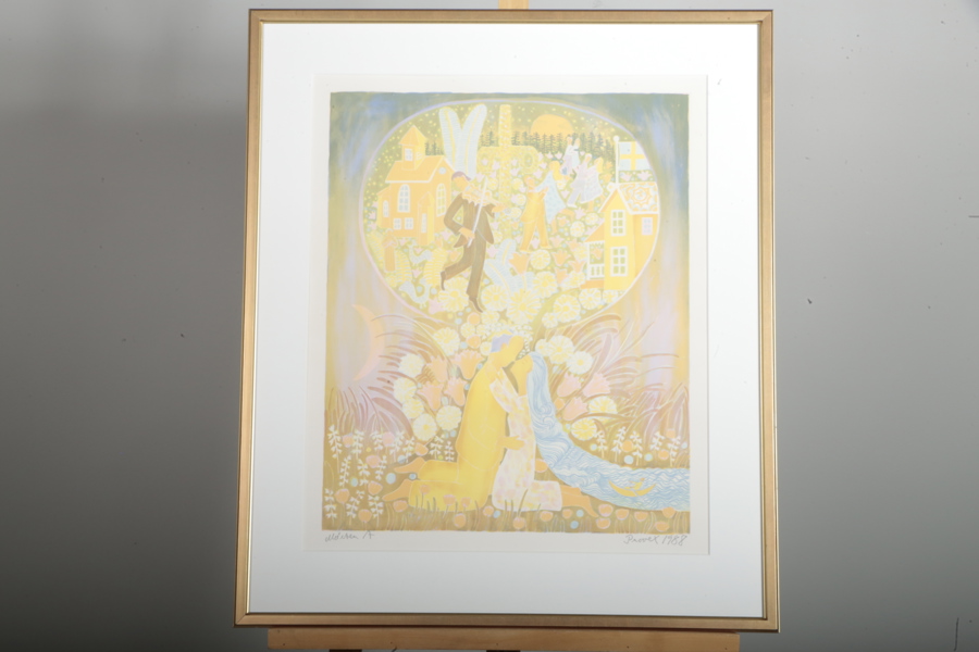 Mårten Andersson, färglitografi "Kyssen", provex. 1988. Signerad