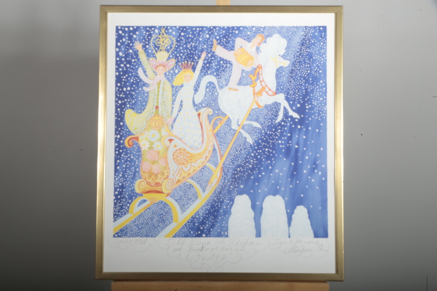 Mårten Andersson, färglitografi "Slädfärden", provex. 1988, signerad dedikation vid bröllop