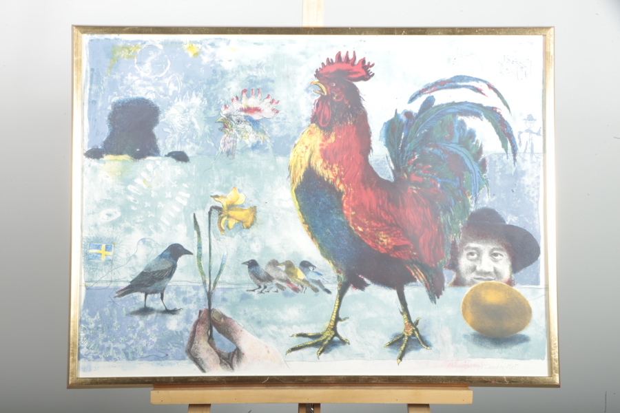 Bengt Landin, färglitografi "Tupp", Signerad 1975, N:o 52/150