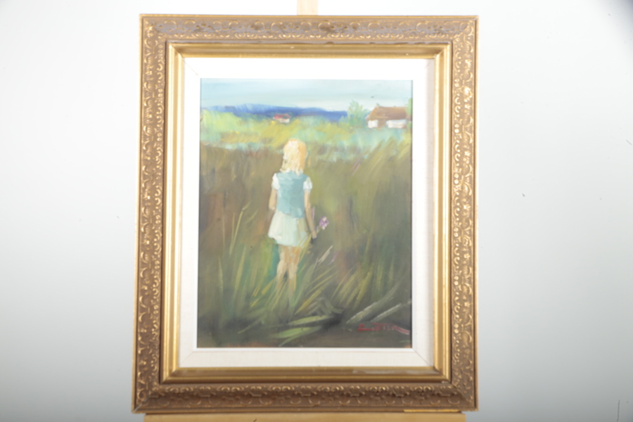 Nicolai Coster, Olja på duk "Porträtt flicka på äng", Signerad 