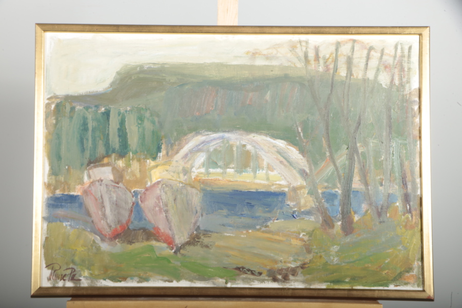 Rune Persson, Olja på duk "Båtar vid bron", Signerad