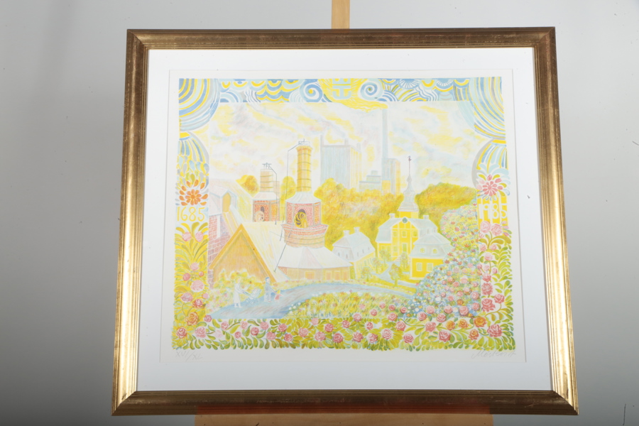 Mårten Andersson, färglitografi "Grillskagården" ur Iggesundsmappen, Signerad N:o XVI/XL