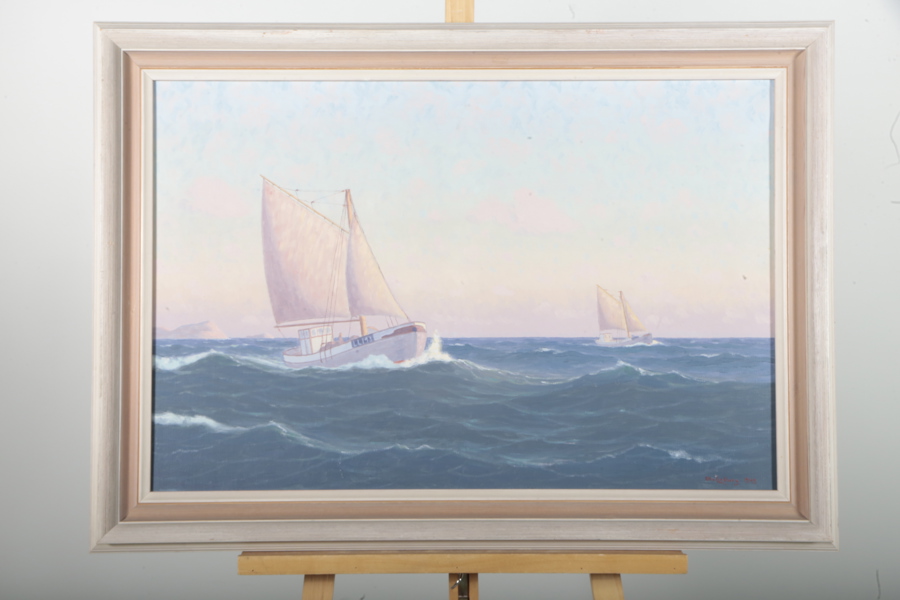 Otto Lindberg, Olja på duk- "Havsmotiv med båtar", Signerad 1945