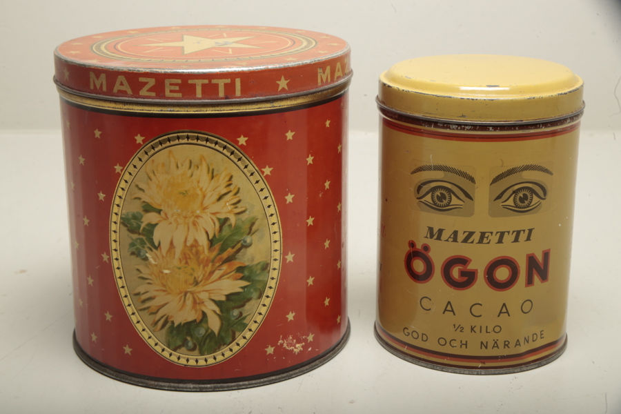 Plåtburkar, 2st, "Mazetti"