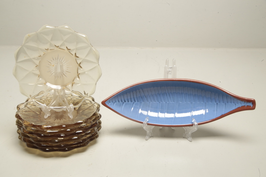 Rörstrand skål, glaserad keramik & Pressglas fat, 7st 