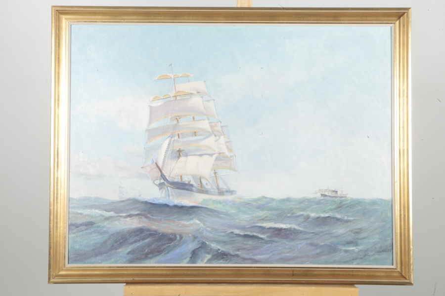 Olja på pannå "Fullriggare", Okänd konstnär 