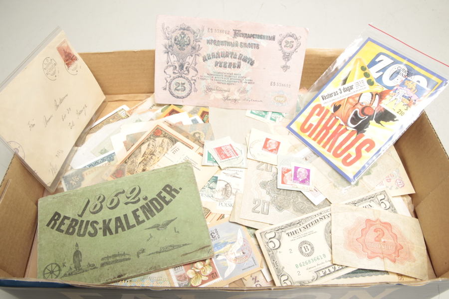 Kuriosa- parti diverse sedlar & frimärken m.m. 