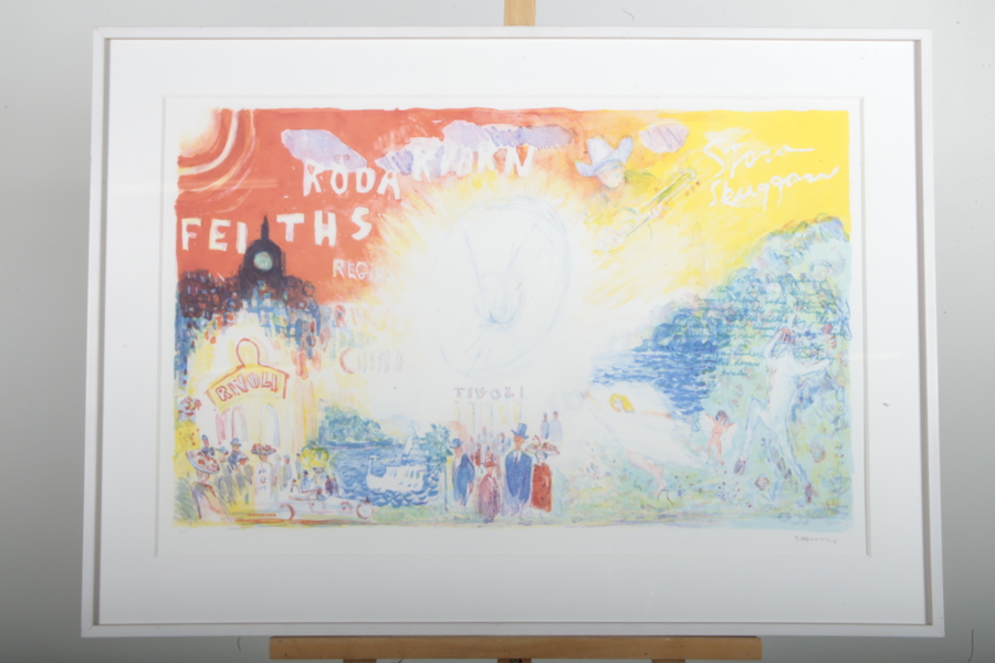 Gösta Werner- Färglitografi (provtryck), "Gröna Lund", Signerad