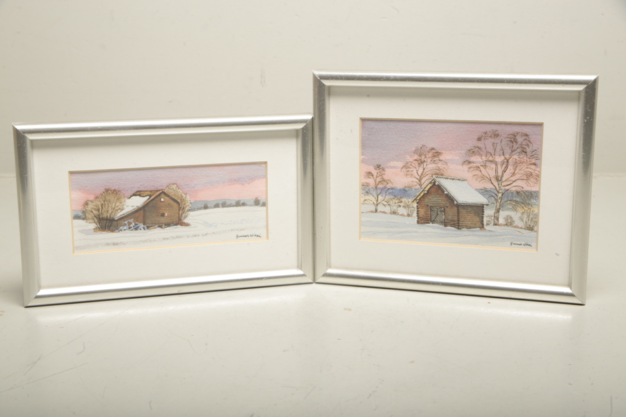 Gunnar Wiren, Akvareller, 2st, "Boddas Bönhus Bodsjö" & Motiv från: "Hackås", Signerade