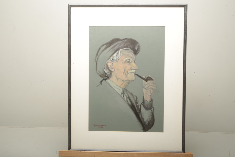 Per Larsson "Tecknar Lasse", Porträtt, Motiv "Målar Olle" Cerdermark, Västra Höle Rengsjö, Signerad 1978