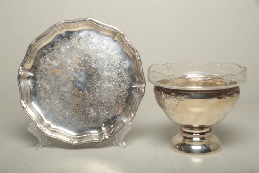 Uppsatsskål, 1900-tal, Nysilver med glasinsats & Bricka 