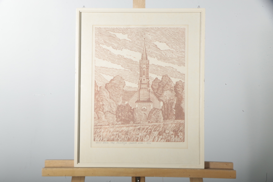Eino Allik- Färglitografi, Motiv från Tallin "Halliste Kirke", Signerad N:o 3/50