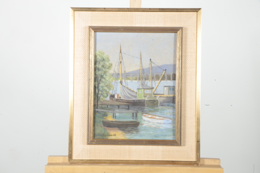 Gösta Larsson- Pastell "Båtar", Signerad-67