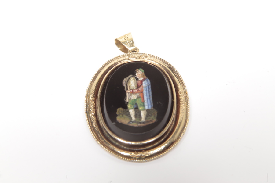 14K Guld Brosch, Mikromosaik onyxplatta, "G.L Berberi- Italien" 1800/1900-tal 