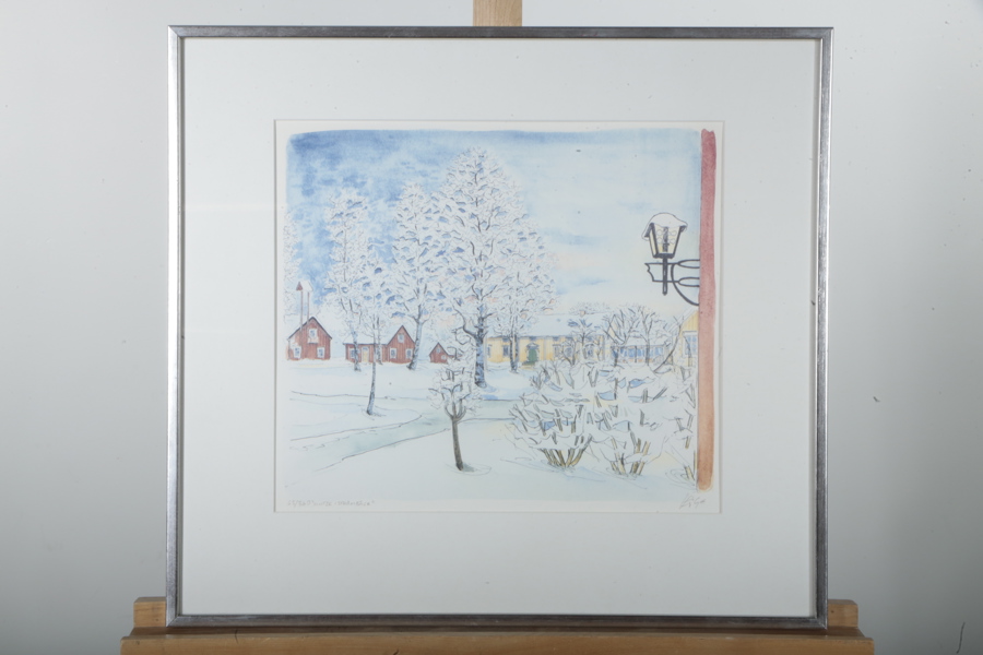 Karl-Gerhard Stenlund- Färglitografi "Vinter i Strömbäck", Signerad N:o 63/360