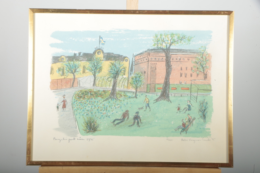 Astrid Bergman Taube- Färglitografi "Berzelii Park, Våran 1975",/ Signerad-75, N:o 74/225