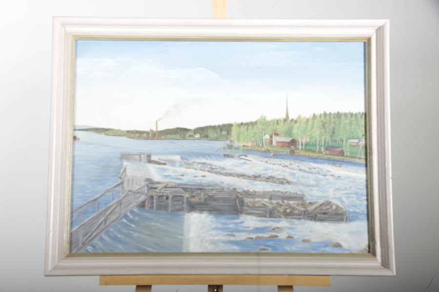 Olja på pannå- Okänd konstnär, Signerad: G.P.m, Motiv: Bergvik Hälsingland