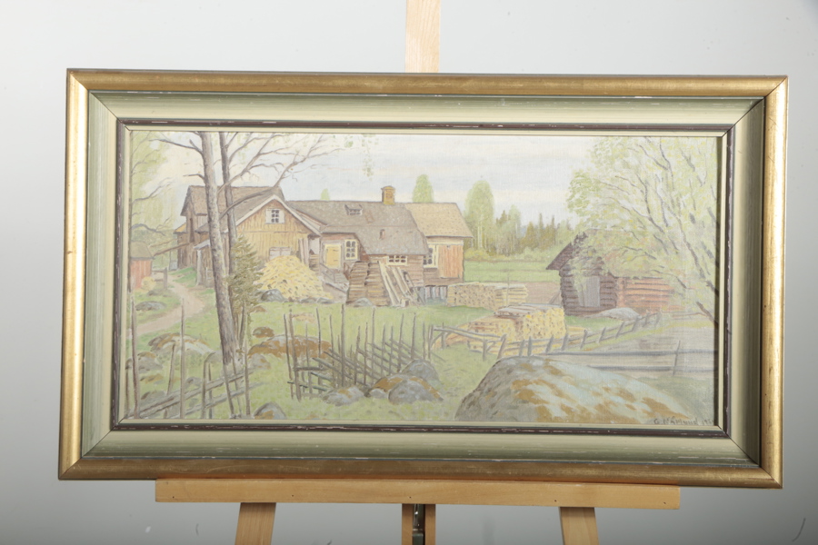 G- Nerlund- Olja på duk, Motiv: "Gammal bondgård i Söderala", Signerad: 1934
