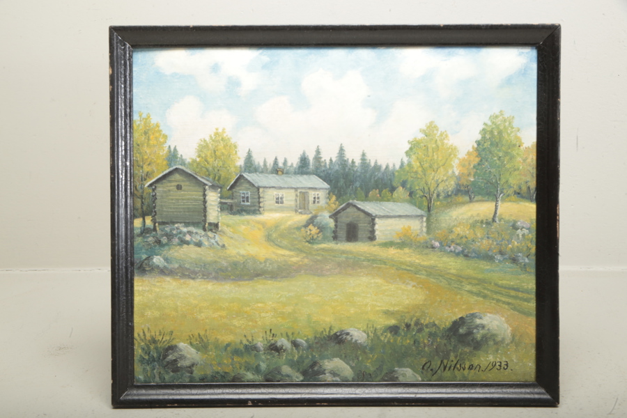 Olov Nilsson- Olja på pannå, Motiv: "Nybovallen", Lillsvens Roteberg, Signerad: 1933