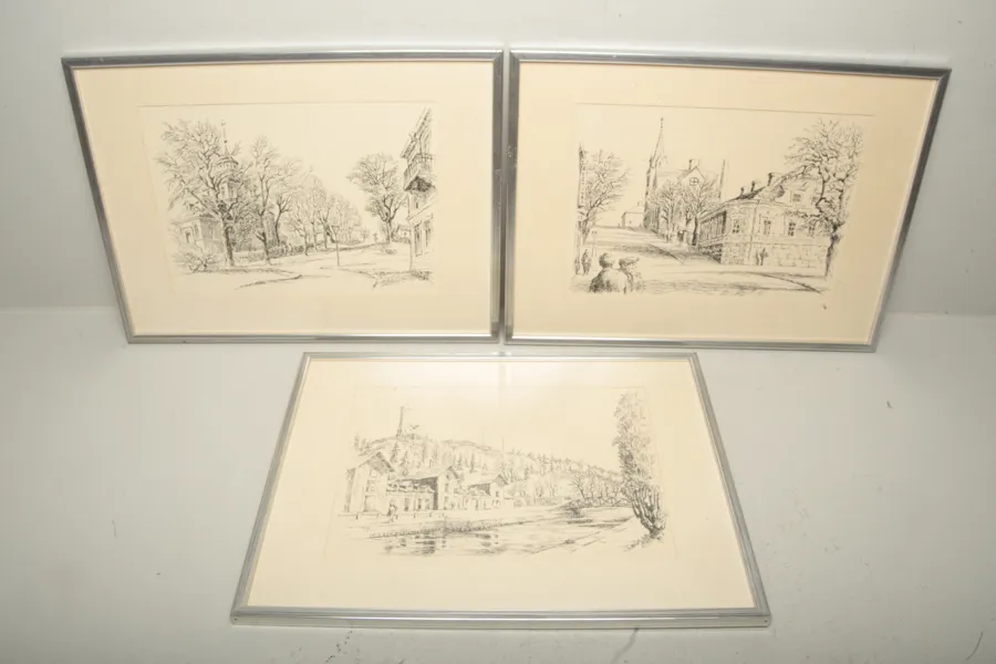 Forsgren- Litografier, 3st med Söderhamns motiv, Signerad-77, N:o 166/175