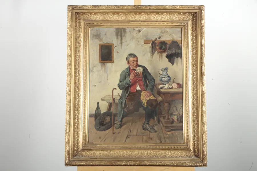 Olja på duk- "Öldrickande man", 1800-tal, Okänd konstnär