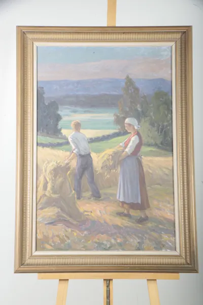 Einar Krüger- Olja på duk "Höskörd", Signerad 