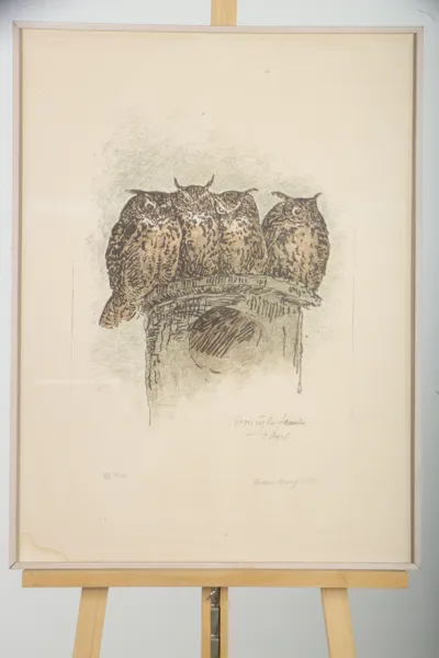 Folke Bang- Färglitografi "Hornugglefamilj", Signerad: 1974, N:o 57/195