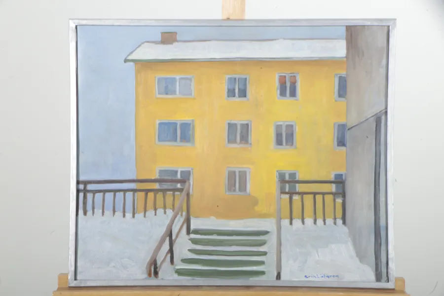 Erik Löfgren- Olja på duk "Vinter på Åsbäcksgatan", Signerad