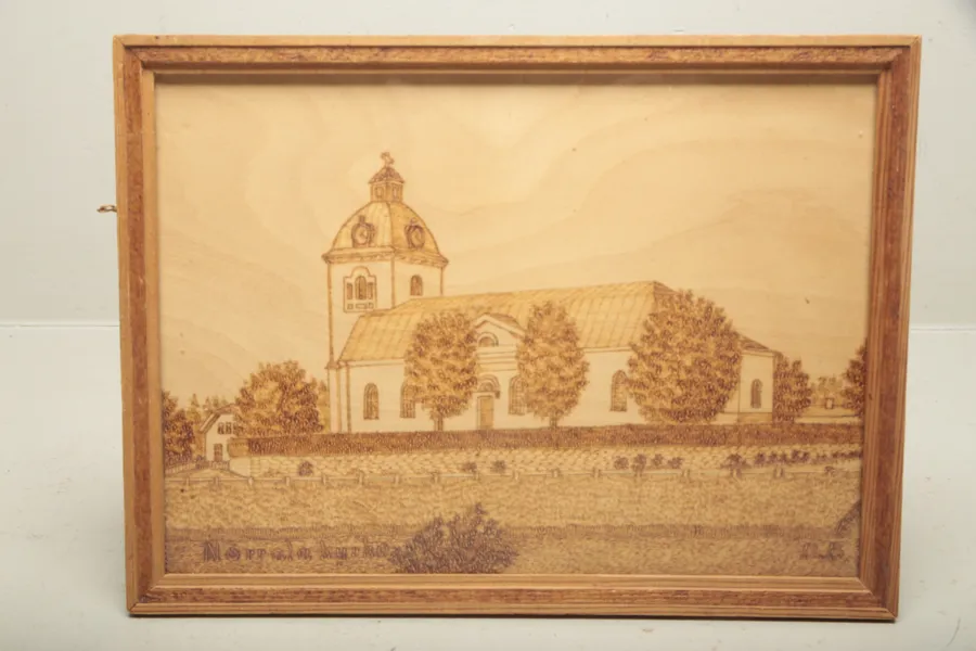 Träsnitt- "Norrala Kyrka", Signerad: D.B