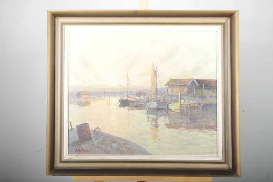 J. Ståhlgren, Olja på duk "Fiskeläge", Signerad