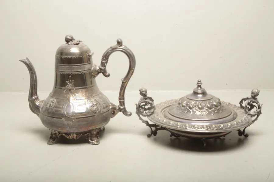 Serveringskanna & Sockerskål, Nysilver, England, 1900-tal